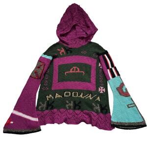 Handmade Madonna Knit Crochet Hooded Sweater Multicolor Bell Sleeve OSFM